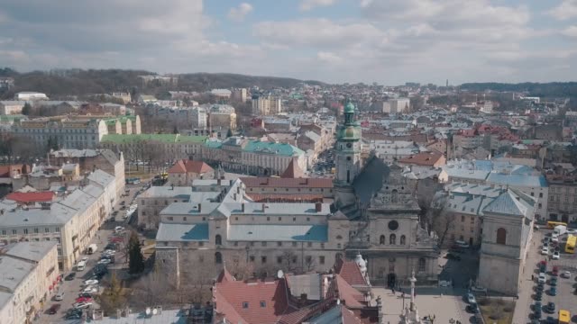 Aerial-City-Lviv,-Ukraine.-European-City.-Popular-areas-of-the-city.-Church