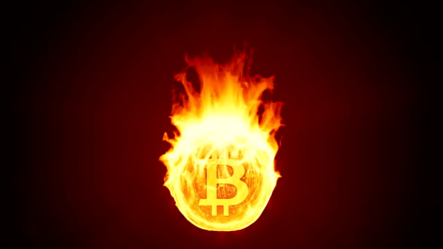 Bitcoin-cryptocurrency-burning-in-fire.-Red-market-decline,-crash-and-bubble