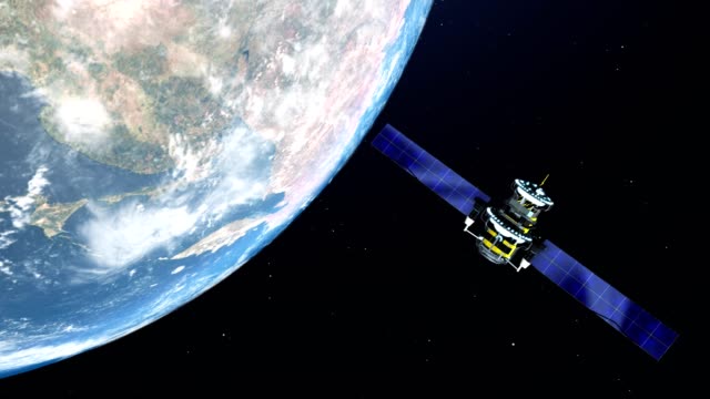 Satellite-flying-over-the-earth-in-space,-4K-resolution-video
