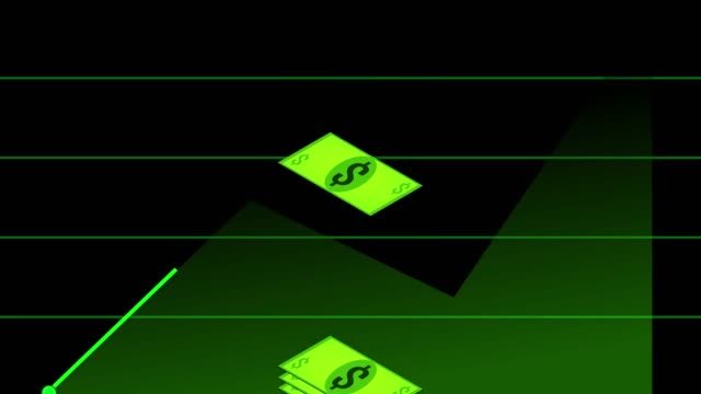 Dollar-fallen-in-einem-Haufen-auf-schwarzem-Hintergrund-grüne-Linie-Graph