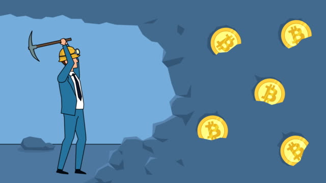 Flat-cartoon-businessman-miner-character-working-with-pickaxe-business-bitcoin-concept-animation