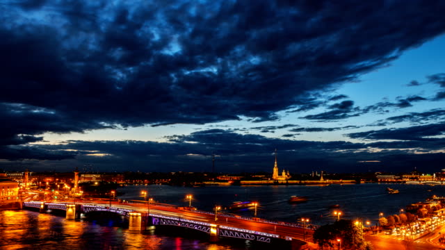 St.-Petersburg,-opening-Palace-bridge.-Time-lapse-photography-view-from-the-roof-to-Neva-water-area,-Peter-and-Paul-Fortress,-Palace-bridge-and-the-Spit-of-Vasilievsky-Island