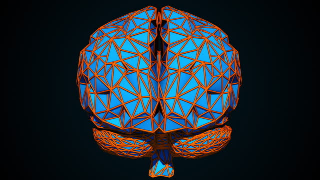 Das-menschliche-Gehirn-wird-durch-eine-Kombination-von-farbigen-Dreiecken-gebildet,-computergeneriert.-3D-Rendering-der-digitalen-künstlichen-Intelligenz-des-Gehirns-aus-Polygonen