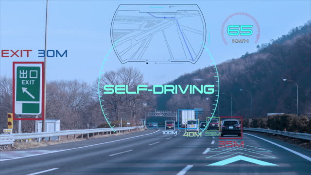 Self-driving-truck-with-head-up-display-on-a-road.