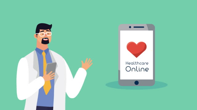 Arzt-mit-Smartphone-Gesundheitsversorgung-online-und-Herz-Kardio