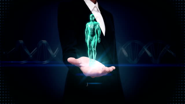 Geschäftsfrau-offene-Handfläche,-rotierenden-menschlichen-Körper,-blaues-Röntgenlicht.