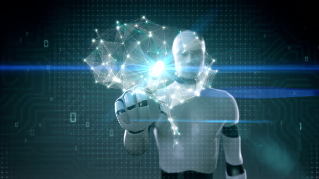 Robot-touching-Brain-connect-digital-lines,-grow-artificial-intelligence
