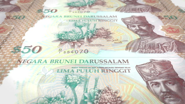Banknotes-of-fifty-ringgits-or-bruneian-dollars-of-the-bank-of-the-sultanate-of-Brunei-Darussalam-rolling-on-screen,-coins-of-the-world,-cash-money,-loop