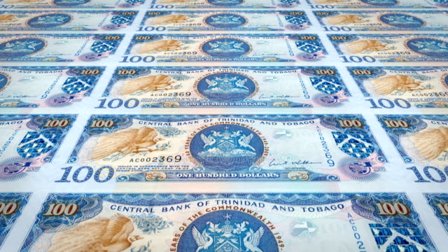 Banknoten-von-100-US-Dollar-von-Trinidad-und-Tobago,-Bargeld,-Schleife