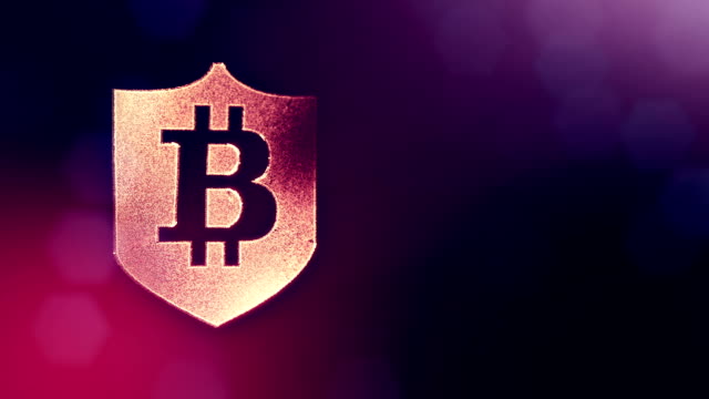 Bitcoin-Logo-in-den-Schild.-Finanzieller-Hintergrund-aus-Glühen-Teilchen-als-Vitrtual-Hologramm.-Glänzende-Schleife-3D-Animation-mit-Tiefe-Feld,-Bokeh-und-Kopie.-Violettem-Hintergrund-1