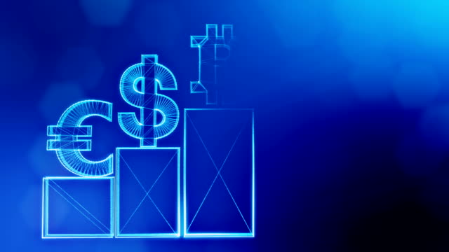 Anzeichen-von-Bitcoin-Dollar-und-Euro-auf-Spalten.-Finanzieller-Hintergrund-aus-Glühen-Teilchen-als-Vitrtual-Hologramm.-Glänzende-Schleife-3D-Animation-mit-Tiefe-Feld,-Bokeh-und-Kopie.-Blauer-Hintergrund-1