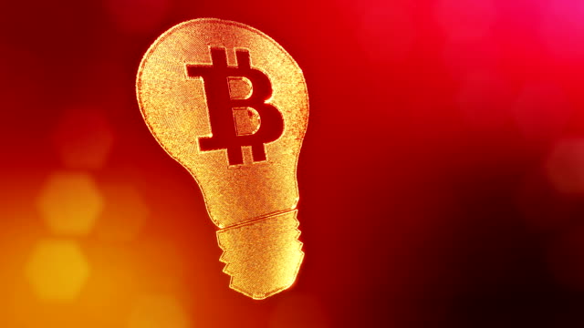 Zeichen-von-Bitcoin-im-Inneren-der-Lampe.-Finanzieller-Hintergrund-aus-Glühen-Teilchen-als-Vitrtual-Hologramm.-Glänzende-Schleife-3D-Animation-mit-Tiefe-Feld,-Bokeh-und-Kopie.-Roten-Hintergrund-v1
