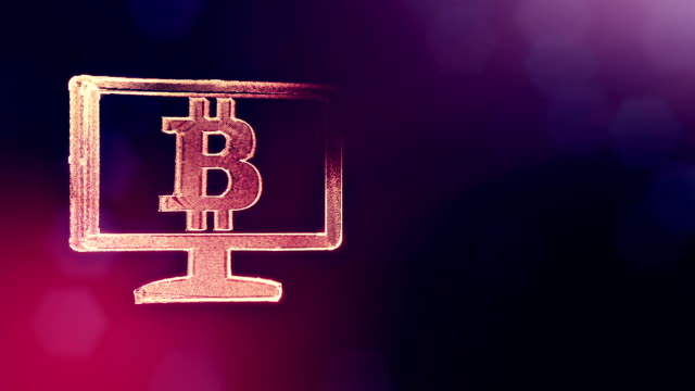 Bitcoin-Logo-im-Innern-des-Monitors.-Finanzieller-Hintergrund-aus-Glühen-Teilchen-als-Vitrtual-Hologramm.-Glänzende-Schleife-3D-Animation-mit-Tiefe-Feld,-Bokeh-und-Kopie.-Violettem-Hintergrund-1