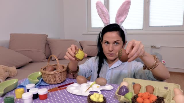 Woman-playing-with-Easter-eggs