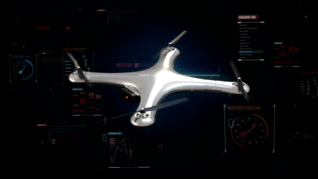 Rotating-Drone,-Quadrocopter,-with-futuristic-background,-Virtual-graphic.