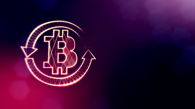 logo-bitcoin-inside-the-circular-arrows.-Financial-background-made-of-glow-particles-as-vitrtual-hologram.-Shiny-3D-loop-animation-with-depth-of-field,-bokeh-and-copy-space.-Violet-color-v2