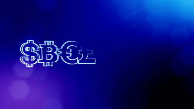 Symbol-Bitcoin-Dollar-Euro-Pfund.-Finanzieller-Hintergrund-aus-Glühen-Teilchen-als-Vitrtual-Hologramm.-Nahtlose-3D-Animation-mit-Tiefe-des-Feldes,-Bokeh-und-Kopie-Raum.-Blaue-Farbe-v2