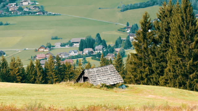Cozy-very-old-vintage-wooden-house-in-the-Austrian-Alps-on-a-hill-with-green-grass-on-the-background-of-new-modern-houses,-Old-rural-country-wooden-house-in-village