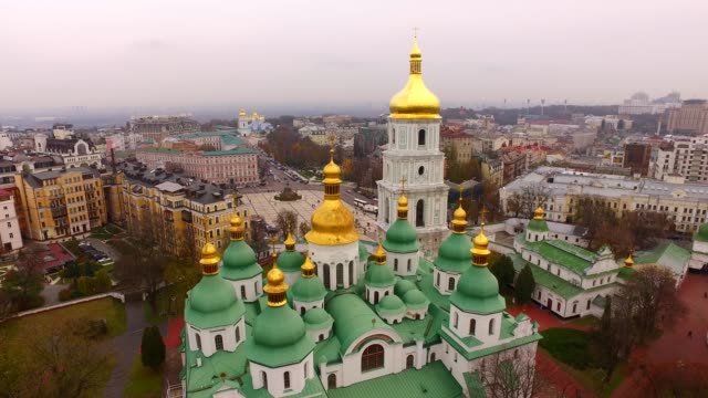 Aerial-view-Saint-Sophia-Cathedral-in-Kyiv.-Ukraine,-Europe.-Architectural,-religion-and-historical-monument-of-Kiev-in-autumn
