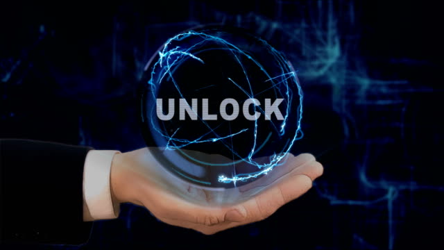 Gemalte-Hand-zeigt-Konzept-Hologramm-Unlock-auf-seiner-hand