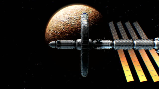 Sci-Fi-interplanetarischen-Raumschiff-auf-Quecksilber-Hintergrund