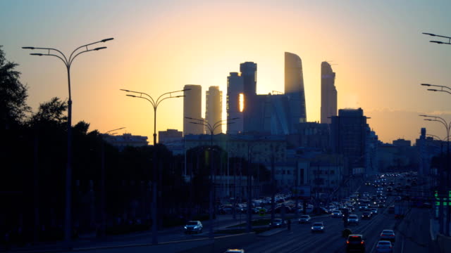 view-of-the-skyscrapers-and-towers-of-downtown-at-sunset