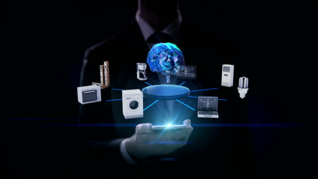 Geschäftsmann-Slide-Touch-Smartphone,-künstliche-Intelligenz-Gehirn-Verbindung-Monitor,-Mikrowelle,-Glühbirne,-Waschmaschine,-Klimaanlage,-Audio,-Kaffeekanne,-smart-Home-Appliances,-IoT,-4-k-Film.