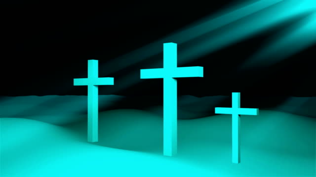 Drei-christliche-Kreuze-sind-am-Boden-und-Sonne-Strahlen,-Auferstehung-Ostern-Konzeptkunst,-3d-render