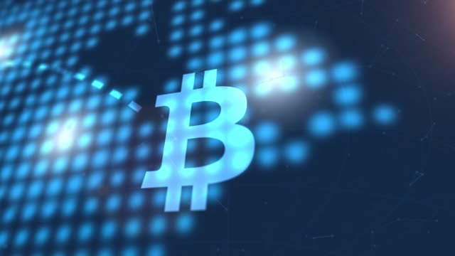 bitcoin-cryptocurrency-icon-animation-blue-digital-world-map-technology-background