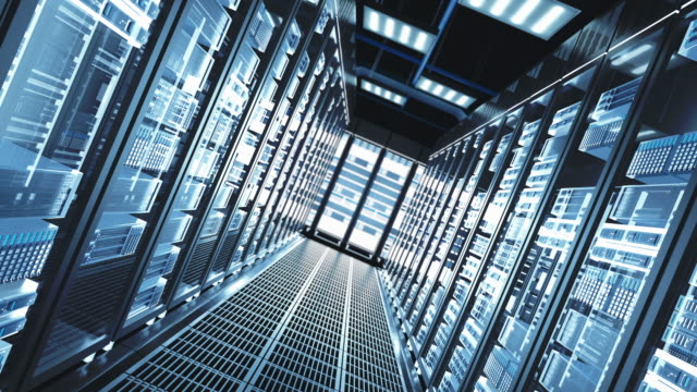 Network-and-data-servers-behind-glass-panels-in-a-server-room-of-a-data-center