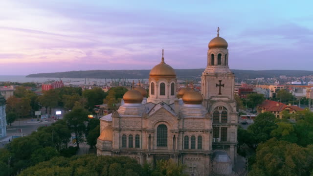 Varna-cityscape,-aerial-view-over-the-city-and-The-Cathedral-of-the-Assumption