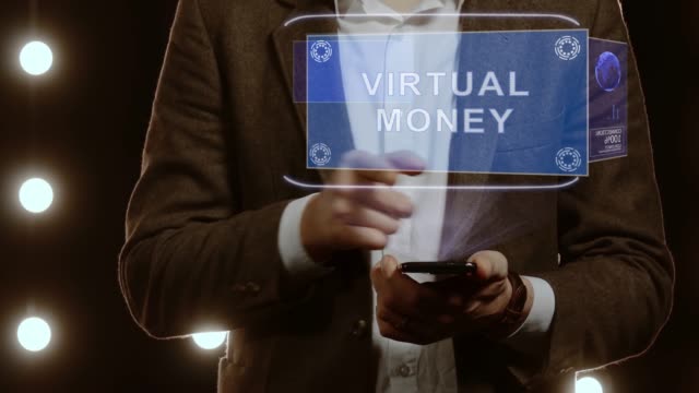 Geschäftsmann-zeigt-Hologramm-Virtuelles-Geld