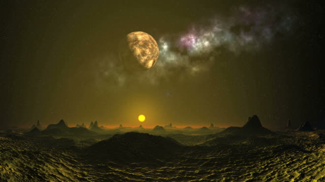 Alien-Sonnenuntergang-unter-dem-Mond-und-Nebel