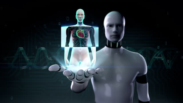 Roboter-offene-Hand,-weibliche-Scan-Herz.-Menschliches-Herz-Kreislauf-System.