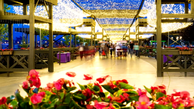 pedestrian-street-decorated-with-flower-beds-and-beautiful-lighting.-Timelapse