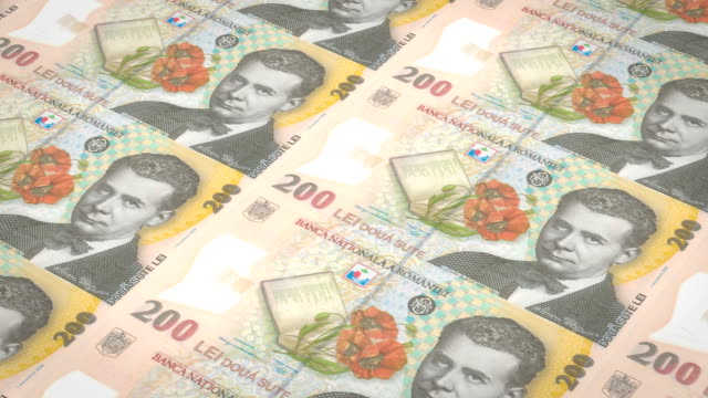 Banknoten-von-zweihundert-rumänische-Lei-Rumänien-Rollen,-Bargeld
