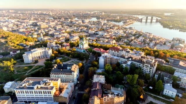 Aerial-hyperlapse-of-Kiev-old-town-at-sunrise.-Kiev,-Ukraine.
