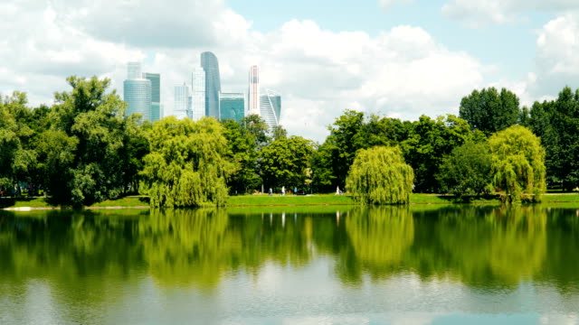 A-pond-on-the-background-of-city-skyscrapers