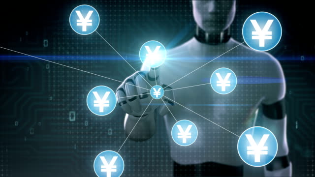Robot,-cyborg-tocar-símbolo-del-Yen,-se-reúnen-numerosos-puntos-para-crear-un-signo-de-moneda,-puntos-hace-mundial-mapa,-internet-de-las-cosas.-technology.2-financieros.