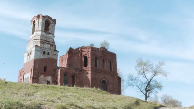 Lonely-Old-Abandoned-Church-in-the-Autumn-Landscape.-Video.-Abandoned-house-in-countryside.-Abandoned-Building