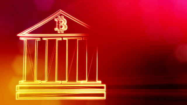 Signo-de-bitcoin-insignia-dentro-del-edificio-del-Banco.-Fondo-financiero-hecho-de-partículas-de-brillo-como-holograma-vitrtual.-Animación-loop-3D-brillante-con-la-profundidad-de-campo,-bokeh-y-copia...-Fondo-rojo-v1.