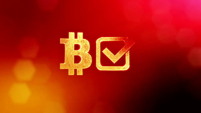 Logo-Bitcoin-und-Häkchen-in-der-Box.-Finanzieller-Hintergrund-aus-Glühen-Teilchen-als-Vitrtual-Hologramm.-Glänzende-Schleife-3D-Animation-mit-Tiefe-Feld,-Bokeh-und-Kopie...-Roten-Hintergrund-v1.