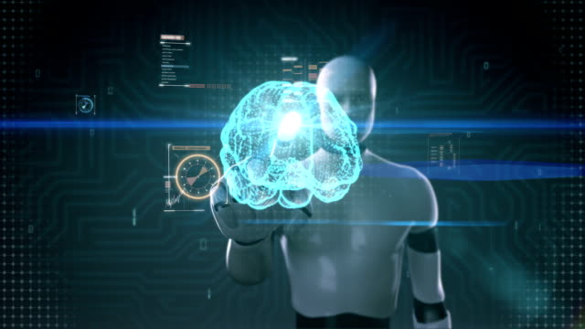 Robot,-cyborg-tocar-cerebro-digital,-forma-de-cerebro-conectada-puntos,-líneas-digitales-en-interfaz-del-indicador-digital,-crecer-futuro-intelligence.1-artificial