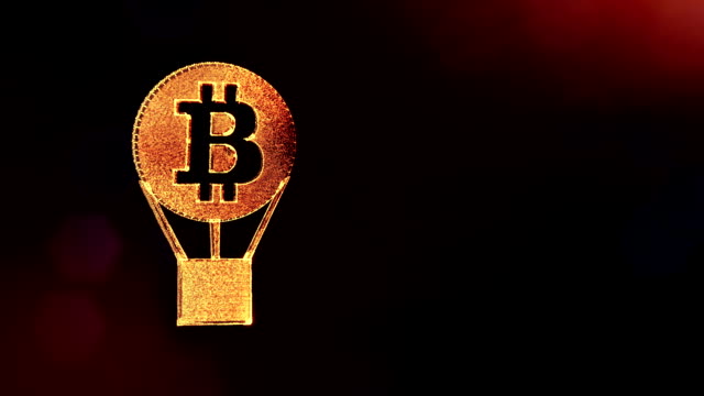 Zeichen-von-Bitcoin-in-einem-Heißluftballon.-Finanzieller-Hintergrund-aus-Glühen-Teilchen-als-Vitrtual-Hologramm.-Glänzende-Schleife-3D-Animation-mit-Tiefe-Feld,-Bokeh-und-Kopie.-Dunklen-Hintergrund-v2