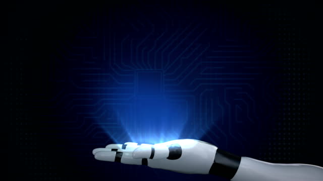 Robot,-cyborg-abrir-dos-palmeras-en-película-de-tamaño-de-4K-de-fondo-de-interfaz-digital.