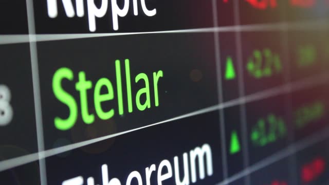 Stellar-crypto-currency-trading.--Blurring-and-focusing-on-XLM-values-on-trading-chart-of-exchange-screen.--Video-loop-closeup-of-financial-buying-and-selling-of-Stellar.--Copy-space.