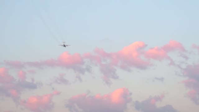 The-plane-flies-in-the-sky-at-sunset.