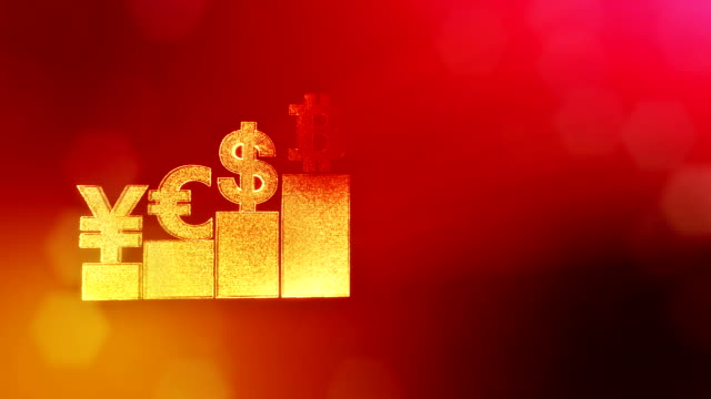 Zeichen-der-Pfund-Dollar-Yen-Bitcoin-auf-Spalten.-Finanzieller-Hintergrund-aus-glühen-Teilchen-als-Vitrtual-Hologramm.-Glänzende-Schleife-3D-Animation-mit-Tiefe-Feld,-Bokeh-und-Kopie.-Roten-V4