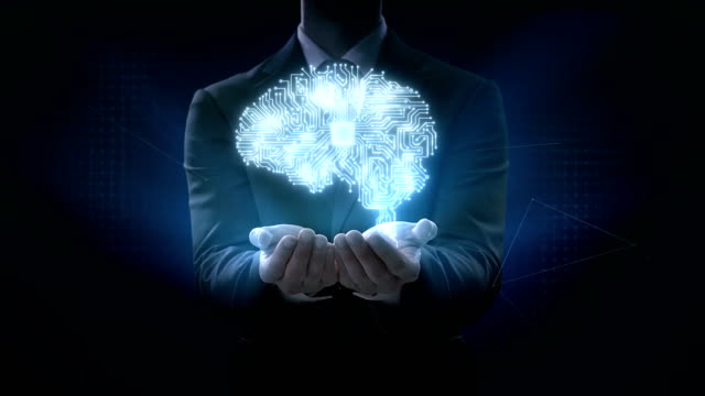 Businessman-opens-two-palms,-CPU-chip-connect-digital-brain,-grow-artificial-intelligence,-IoT,-4k-movie.