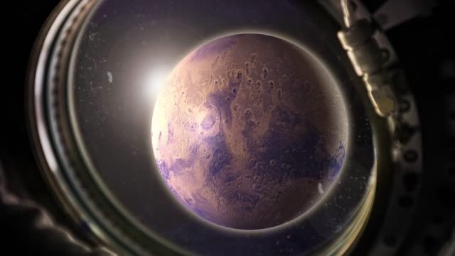 4-k-Animation-realistischer-Planeten-Mars-mit-Sonneneruption-im-Raum-Blick-aus-dem-Fenster